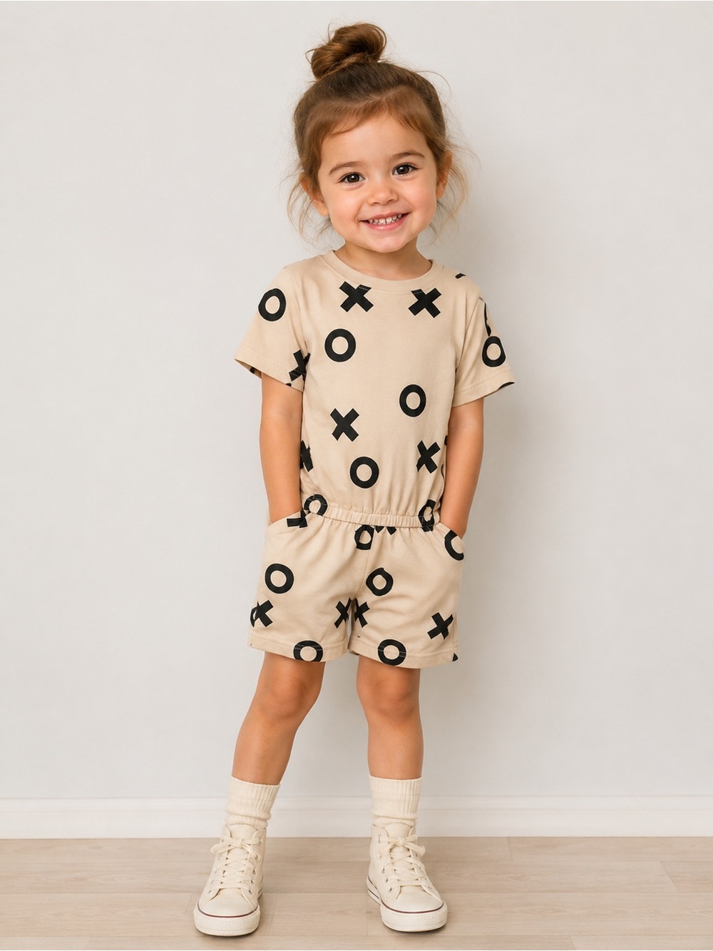 BEAU LOVES Kids Beige O/X Print One-Piece Romper Cotton Blend‎ Size 2-3 Years